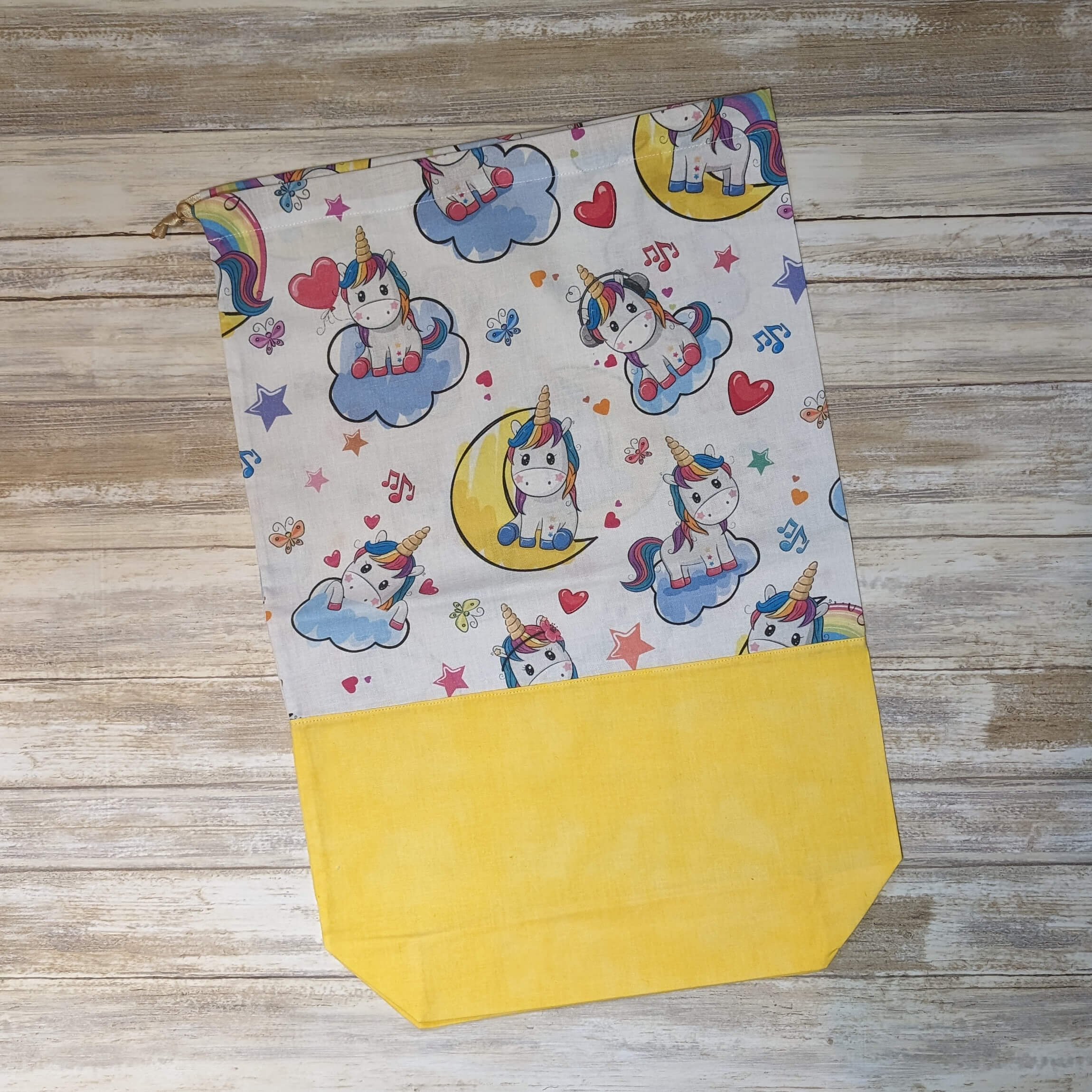 produit-pochon-jaune-licornes-L emballage cadeau réutilisable pochon jaune licorne taille L
